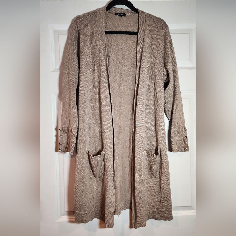 Verve Ami Tan Mid Thigh Length Cardigan Sweater Button Detail And Pockets 1X